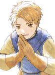  1boy brown_eyes brown_hair gensou_suikoden gensou_suikoden_i gloves highres long_sleeves looking_at_viewer male_focus open_mouth short_hair simple_background smile solo ted_(suikoden) white_background 