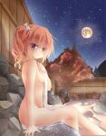  1girl arm_at_side autumn_leaves blush bow breasts clip_studio_paint_(medium) closed_mouth commentary_request completely_nude covering covering_breasts crossed_bangs curvy double-parted_bangs eyelashes eyes_visible_through_hair feet_out_of_frame from_side full_moon hair_between_eyes hair_bow hand_up highres holding holding_towel inaba_meguru knees_together_feet_apart looking_at_viewer medium_breasts moon nekono night nude onsen orange_hair outdoors red_eyes rock sanoba_witch shiny_skin side_ponytail sideboob sitting sky smile soaking_feet solo star_(sky) starry_sky thighs towel tree wavy_hair wet wet_hair white_bow white_towel 
