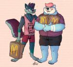  anthro bear belly blue_body blue_fur blush canid canine canis clothed clothing fast_food food fur hair hi_res male mammal mcdonald&#039;s obese obese_anthro obese_male overweight overweight_anthro overweight_male pink_hair purple_hair raccoonkind text text_on_clothing toza wolf yukon 
