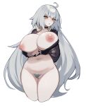  1girl ahoge arm_under_breasts black_choker blush breasts choker cleavage collarbone cropped_jacket fate/grand_order fate_(series) female_pubic_hair grey_hair highres huge_breasts jacket jeanne_d&#039;arc_alter_(fate) large_breasts long_hair long_sleeves looking_at_viewer navel nipples no_panties open_clothes open_jacket orange_eyes parted_lips partially_unzipped plump psidubs pubic_hair pulled_by_self simple_background solo stomach thick_thighs thighs unzipped unzipping very_long_hair white_background zipper zipper_pull_tab 