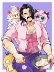  1boy alcremie alcremie_(strawberry_sweet) alcremie_(vanilla_cream) apron arm_hair bara batter black_eyes black_hair blue_eyes border bow bowl buttons chest_hair closed_mouth collarbone collared_shirt commentary cowboy_shot facial_hair food-themed_hair_ornament forehead forked_eyebrows hair_bow hair_ornament hair_over_one_eye hand_to_own_mouth hand_up happy hiding hiding_behind_another highres holding holding_bowl holding_whisk jigglypuff long_hair male_focus mixing_bowl muscular muscular_male mustache on_shoulder one_eye_covered open_clothes open_shirt outside_border patch pectoral_cleavage pectorals peeking_out pink_shirt pinstripe_pattern pinstripe_shirt pokemon pokemon_(creature) pokemon_(game) pokemon_on_shoulder pokemon_sv polka_dot polka_dot_background psyduck purple_apron purple_background purple_bow red_eyes saguaro_(pokemon) shirt shirt_tucked_in sidelocks simple_background sleeves_rolled_up smile standing strawberry_hair_ornament striped todoroki_ago undershirt waist_apron whisk white_border white_hair 