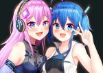  2girls :d ahoge bare_arms bare_shoulders black_background blue_eyes blue_hair blush breasts cleavage commentary commission english_commentary hair_between_eyes hair_ornament hand_up headphones highres jacket long_hair medium_breasts multiple_girls open_clothes open_jacket original pink_hair prophosphere purple_eyes sleeveless sleeveless_jacket small_breasts smile symbol-shaped_pupils twintails upper_body v_over_eye white_jacket 