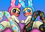  animal_crossing anthro anus blonde_hair breasts brown_eyes butt chrissy_(animal_crossing) clothing duo female francine_(animal_crossing) genitals gradient_background green_nose hair half-closed_eyes hi_res lagomorph legs_up legwear leporid looking_at_viewer looking_back looking_back_at_viewer mammal narrowed_eyes nintendo pussy rabbit rabbit_ears scut_tail short_tail simple_background sirjzau smile smiling_at_viewer tail teeth 