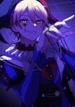  1boy bad_id bad_twitter_id blonde_hair dutch_angle facial_mark glowing glowing_eyes grin hand_up hat highres jester jester_cap juliet_sleeves long_sleeves looking_at_viewer male_focus official_alternate_costume orange_eyes project_sekai puffy_sleeves puppet_strings purple_theme short_hair smile solo tenma_tsukasa upper_body yalu_project 