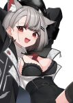  1girl :d animal_ear_fluff animal_ears arms_up between_breasts black_bra black_headwear black_jacket black_skirt black_thighhighs blush bra breasts cabbie_hat cat_ears center_frills character_request cleavage collared_shirt commentary_request dress_shirt ear_piercing earrings fang frills grey_hair hair_ornament hairclip hat high-waist_skirt highres jacket jewelry looking_at_viewer medium_breasts multicolored_hair nanana_narang necktie necktie_between_breasts open_clothes open_jacket open_shirt piercing red_eyes red_hair red_necktie shirt simple_background skirt smile solo stellive streaked_hair thighhighs underwear virtual_youtuber white_background white_shirt 