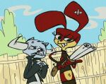  anthro axel_(rexon02) buckteeth cartoon_network clothed clothing dott_(rexon02) duo ed_edd_n_eddy female fence fingerless_gloves gloves gun handwear hi_res horn lagomorph leporid male mammal rabbit ranged_weapon red_body rexon02 shotgun style_emulation style_parody teeth weapon wooden_fence 