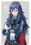  1girl ? ameno_(a_meno0) armor belt black_sweater blue_eyes blue_gloves blue_hair blush border brown_belt cape crossed_bangs elbow_gloves fingerless_gloves fingernails fire_emblem fire_emblem_awakening gloves grey_background hair_between_eyes hand_on_own_face long_hair long_sleeves looking_at_viewer lucina_(fire_emblem) outside_border pauldrons red_cape ribbed_sweater shoulder_armor simple_background solo sweater tiara turtleneck turtleneck_sweater white_border 