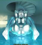  anthro breasts feet female floating floor genitals hair hair_over_eyes hi_res linorgoldenfish nipples poolrooms pussy reflection solo stairs swimming_pool the_backrooms tile tile_ceiling tile_floor tile_wall toes wall_(structure) wet white_body 