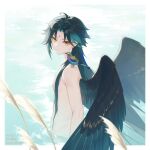  1boy alternate_hairstyle animal_on_shoulder bird bird_on_shoulder black_hair black_wings closed_mouth facial_mark feathered_wings forehead_mark genshin_impact green_hair highres lofter_username long_hair looking_at_viewer male_focus multicolored_hair nipples nude rj_(lingshih10) solo twitter_username wading water wings xiao_(genshin_impact) yellow_eyes 