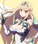  1girl bare_shoulders blonde_hair breasts chest_jewel cleavage dress earrings elbow_gloves gloves headpiece highres jewelry large_breasts long_hair lucky73dsmaxmax mythra_(xenoblade) smile solo swept_bangs tiara upper_body very_long_hair xenoblade_chronicles_(series) xenoblade_chronicles_2 yellow_eyes 