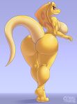  anthro breasts butt claws feet female gobanire hi_res looking_at_viewer looking_back red_sclera scales sees sees_game side_boob simple_background soles solo tail yellow_body yellow_scales 