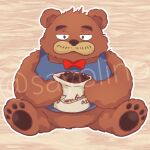  2023 anthro apron bear beverage black_nose bow_tie brown_body brown_fur clothing coffee fur kemono kumalino male mammal roast_(kumalino) sanrio sayolino sitting solo 