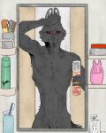  anthro brush canid canine canis comb_(brush) fur hairbrush japanese_text looking_at_viewer male mammal mirror nude red_eyes riseidokokana simple_background solo text translation_request wolf 