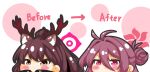  absurdres animal_ears antlers arrow_(symbol) before_and_after blue_archive blush brown_eyes brown_hair character_request chibi closed_mouth hair_between_eyes halo high_ponytail highres kurukurumagical ponytail purple_eyes purple_hair white_background 