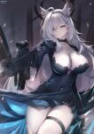  1girl absurdres ahoge animal_ear_fluff animal_ears ass_visible_through_thighs bangs black_dress blue_archive blue_eyes breasts cleavage closed_mouth commentary_request covered_navel dress grey_hair gun hair_ornament hair_over_one_eye highres holding holding_gun holding_weapon juliet_sleeves large_breasts long_sleeves nekoya_(liu) puffy_sleeves shiroko_(terror)_(blue_archive) signature skindentation solo thigh_gap thigh_strap twitter_username weapon 