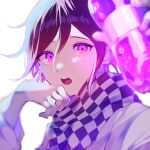  1boy :o ayacho_mato bottle checkered_clothes checkered_scarf danganronpa_(series) danganronpa_v3:_killing_harmony fanta grey_jacket hair_between_eyes hand_on_own_chin hands_up highres holding holding_bottle jacket looking_at_viewer male_focus ouma_kokichi pink_eyes pink_hair purple_hair scarf simple_background solo teeth white_background 