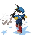  aka_muffler_yamato black_fur blue_headwear blue_shirt blue_shorts furry furry_male gloves kaze_no_klonoa klonoa open_mouth pac-man red_footwear running shirt shorts star_(symbol) very_long_ears yellow_gloves 