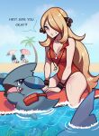  1girl 2boys absurdres beach blonde_hair blue_eyes breasts gible highres lifeguard long_hair looking_at_viewer multiple_boys n_(pokemon) pokemon pokemon_(creature) pokemon_(game) pokemon_bw pokemon_dppt pokemon_oras steven_stone surfboard touyarokii twitter_username water 