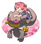  1girl :d aged_down banette blush closed_eyes commentary_request dress eyelashes hair_ornament happy heart heart_hair_ornament highres joy_(pokemon) kohsaka_jun open_mouth pink_hair pokemon pokemon_(anime) pokemon_(creature) pokemon_journeys shoes short_sleeves smile socks two_side_up white_socks 