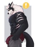  anthro blurau bottomwear bottomwear_down bulge clothed clothing exclamation_point hi_res male meme muscular muscular_male nipples pants pants_down partially_clothed solo underwear 