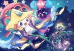  &gt;_&lt; :d celebi commentary_request cosmog flower happy highres holding jirachi mew_(pokemon) night no_humans open_mouth outdoors pink_flower pokemon pokemon_(creature) red_ribbon ribbon shiroraba smile tanabata wreath 