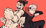  2boys black_hair couple fighting_stance highres incoming_attack incoming_punch itadori_yuuji jujutsu_kaisen male_focus mitinobanana multiple_boys muscular muscular_male outstretched_arm pectorals punching scar scar_across_eye short_hair side-by-side sideburns topless_male toudou_aoi_(jujutsu_kaisen) undercut unfinished yaoi 