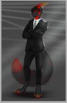  absurd_res anthro big_tail business_suit claws clothing clrfoolished fur hair hi_res horn hybrid male necktie serious_face simple_background skarlax solo suit tail 