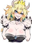  1girl armlet blonde_hair blue_eyes blush bowsette bracelet breasts brooch check_commentary claw_pose claws cleavage collar commentary_request dress earrings hair_between_eyes horns jewelry jin_(mugenjin) long_hair looking_at_viewer mario_(series) new_super_mario_bros._u_deluxe pointy_ears sharp_teeth smile solo spiked_armlet spiked_bracelet spiked_collar spikes strapless strapless_dress super_crown teeth upper_body white_background 