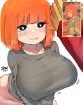  1girl :p absurdres artist_name black_hair blunt_bangs blush bottomless breasts bright_pupils closed_mouth firewpood food french_fries highres huge_breasts mother_(yoru_mac) orange_hair short_hair simple_background smile solo tongue tongue_out white_background white_pupils yoru_mac 