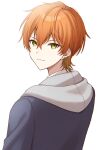  1boy blonde_hair closed_mouth commentary_request earrings green_eyes hair_between_eyes highres hood hoodie hoop_earrings jewelry looking_at_viewer multicolored_hair orange_hair project_sekai shinonome_akito short_hair simple_background solo teneko02 upper_body white_background 