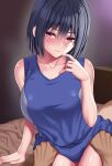  1boy 1girl bare_arms bare_shoulders black_hair blush breasts closed_mouth collarbone commentary_request hand_up huyumitsu large_breasts looking_at_viewer original purple_eyes short_hair sitting sleeveless solo_focus 