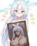  1girl absurdres blue_archive blue_eyes blue_halo blush cherino_(blue_archive) cherino_(hot_spring)_(blue_archive) facial_hair fake_facial_hair genderswap genderswap_(ftm) grey_hair hair_ribbon halo highres long_hair looking_at_viewer nipples nude photo_(object) redshark_(t373412) ribbon simple_background solo swimsuit upper_body white_background white_facial_hair 
