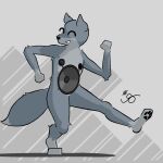  2023 ^_^ animate_inanimate anthro arm_tuft binary_drawing body_modification canid canine canis cel_shading countershade_torso countershading daleport996 dancing dipstick_tail ear_tuft elbow_tuft eyes_closed fist fur gloves_(marking) grey_background grey_body grey_fur inanimate_transformation knee_tuft leg_markings leg_tuft looking_away male mammal markings nude one_leg_up partial_transformation pawpads paws raised_leg shaded signature simple_background smile socks_(marking) solo speaker tail tail_markings thick_tail transformation tuft wolf 