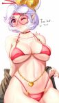  1girl anisdrawn bare_shoulders bikini blush breasts choker collarbone commentary eyeshadow glasses groin highres large_breasts looking_at_viewer makeup navel nose_blush off_shoulder pointy_ears purah red-framed_eyewear red_bikini red_choker red_eyes round_eyewear short_hair solo stomach swimsuit the_legend_of_zelda the_legend_of_zelda:_tears_of_the_kingdom white_hair 