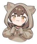  1girl :i ahoge animal_hood braid braided_bangs brown_eyes brown_hair brown_hoodie chibi crossed_bangs ears_through_headwear flapping_ears highres hololive hololive_english hood hood_up hoodie multicolored_hair nanashi_mumei nanashi_mumei_(3rd_costume) official_alternate_costume oversized_clothes pout short_hair streaked_hair sweater tenchi_mayo thick_eyebrows virtual_youtuber white_sweater 