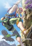  1boy bandana bird blonde_hair blue_eyes blue_shirt blue_sky climbing climbing_set_(zelda) fingerless_gloves gloves indesign korok link male_focus open_mouth pointy_ears shirt shorts sky solo tank_top the_legend_of_zelda the_legend_of_zelda:_breath_of_the_wild 