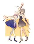  2134twone 2girls black_dress black_footwear black_sleeves blue_footwear chinese_commentary closed_eyes commentary_request dancing detached_sleeves dress gradient_hair grey_hair high_heels highres honkai:_star_rail honkai_(series) march_7th_(honkai:_star_rail) medium_hair multicolored_hair multiple_girls open_mouth outstretched_arms parted_lips pink_hair purple_dress ribbon see-through see-through_sleeves smile stelle_(honkai:_star_rail) strapless strapless_dress thighhighs trailblazer_(honkai:_star_rail) twitter_username two-tone_dress white_background white_dress white_thighhighs yellow_background yellow_eyes yellow_ribbon yuri 