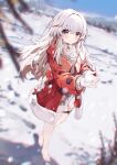  1girl barefoot blush clara_(honkai:_star_rail) closed_mouth coat collar coria day detached_collar full_body fur-trimmed_coat fur_trim grey_hair highres holding_snowball honkai:_star_rail honkai_(series) long_hair long_sleeves looking_at_viewer no_pants open_clothes open_coat outdoors red_coat red_eyes shirt smile snow solo thigh_strap walking white_shirt winter winter_clothes winter_coat 