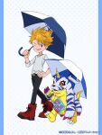  belt belt_buckle black_pants blonde_hair blue_eyes boots buckle child commentary_request digimon digimon_(creature) digimon_adventure digimon_crest gabumon hand_on_own_hip highres holding holding_umbrella ishida_yamato male_child official_art one_eye_closed pants red_footwear shirt umbrella v-neck walking white_shirt 