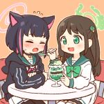 2girls :d :o airi_(blue_archive) animal_ears black_hair black_hoodie blue_archive blush brown_background brown_hair chair closed_eyes commentary_request drawstring feeding flying_sweatdrops food-themed_hair_ornament green_sailor_collar hair_ornament halo holding holding_spoon hood hood_down hoodie ice_cream_hair_ornament kazusa_(blue_archive) long_hair long_sleeves multicolored_hair multiple_girls on_chair one_side_up onyhakase outline pantyhose pink_hair pleated_skirt puffy_long_sleeves puffy_sleeves sailor_collar school_uniform serafuku shirt simple_background sitting skirt sleeves_past_wrists smile spoon streaked_hair table two-tone_hair very_long_hair wafer_stick white_outline white_serafuku white_shirt white_skirt 