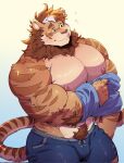  anthro big_muscles big_pecs bodily_fluids bottomwear brown_hair clothing felid fur hair hi_res kokuhane male mammal muscular muscular_anthro muscular_male nipples pantherine pecs shorts simple_background solo striped_body striped_fur stripes sweat tiger undressing 