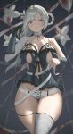  1girl absurdres ass_visible_through_thighs bandaged_arm bandaged_leg bandaged_neck bandages black_c black_gloves black_ribbon blood_on_flower blurry blurry_background blush breasts cleavage closed_mouth facing_viewer flower gloves grey_hair hair_down highres kaine_(nier) large_breasts light_particles lingerie long_hair looking_at_viewer nier nier_(series) panties pink_eyes revealing_clothes ribbon sidelighting standing thigh_gap thighs underwear white_flower white_panties 
