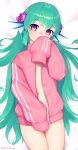  1girl aqua_hair bed_sheet covering_mouth dakimakura_(medium) ear_piercing finana_ryugu fins fish_girl flower hair_flower hair_ornament hair_spread_out hand_over_own_mouth head_fins heart heart-shaped_pupils highres jacket long_hair looking_at_viewer lying naked_jacket navel nijisanji nijisanji_en on_back piercing pink_jacket purple_eyes sleeves_past_fingers sleeves_past_wrists solo symbol-shaped_pupils very_long_hair virtual_youtuber yoako 