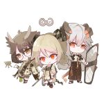  arknights blonde_hair brown_eyes brown_hair cactusxii chibi demon_horns dragon_girl dragon_horns dragon_tail feather_hair flamethrower grey_hair hat highres holding holding_shield horns ifrit_(arknights) orange_eyes orange_nails owl_ears owl_girl police_hat rhine_lab_logo rhodes_island_logo saria_(arknights) shield short_twintails silence_(arknights) tail twintails weapon 