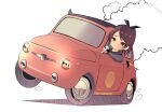  1girl abarth absurdres brown_eyes brown_hair car commentary_request driving fiat hair_ribbon highres kantai_collection left-hand_drive motor_vehicle ponytail ribbon shikinami_(kancolle) short_hair smoke solo tf_cafe vehicle_request 