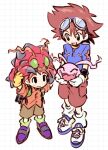  2boys 2others brown_shorts child closed_eyes digimon digimon_(creature) digimon_adventure fangs friends gloves goggles goggles_on_head happy highres izumi_koushirou koromon miino25 multiple_boys multiple_others purple_footwear shorts smile tentomon white_gloves yagami_taichi yellow_gloves 