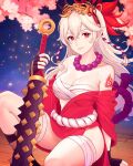  1girl absurdres bead_necklace beads black_gloves breasts cherry_blossoms chest_sarashi club_(weapon) corrin_(female)_(fire_emblem) corrin_(fire_emblem) fingerless_gloves fire_emblem fire_emblem_fates fire_emblem_heroes gloves grey_hair highres japanese_clothes jewelry long_hair looking_at_viewer mask mask_on_head medium_breasts necklace pointy_ears red_eyes sarashi shoulder_tattoo sitting smile solo tattoo truejekart weapon 