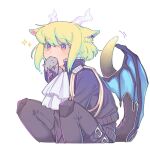  1boy animal_ears animal_in_mouth ascot black_jacket black_pants blonde_hair cat_boy cat_ears cat_tail dragon_boy dragon_horns dragon_wings earrings ears_down facing_up fang flying_sweatdrops horns jacket jewelry kemonomimi_mode knee_pads knees_up kome_1022 lio_fotia looking_up male_focus mouse_(animal) otoko_no_ko pants promare purple_eyes short_hair sidelocks simple_background single_earring sitting solo sparkle tail triangle_earrings white_ascot white_background white_horns wings 