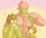  1girl 2boys ^_^ beanie black_hair black_nails blunt_bangs blunt_ends blush child closed_eyes colored_skin commentary_request dragon_ball dragon_ball_super father_and_daughter female_child fingernails glasses green_skin green_sweater grin hair_between_eyes hand_up hands_up hat heart koukyouji long_sleeves multiple_boys namekian orange_sweater pan_(dragon_ball) parted_lips piccolo pink_headwear pink_sweater purple_background rectangular_eyewear short_hair sidelocks simple_background sleeves_past_wrists smile son_gohan spiked_hair squiggle sweatdrop sweater teeth two-tone_background v-shaped_eyebrows yellow_background 