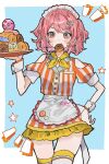  1girl apron blush doughnut employee_uniform fast_food_uniform food food_in_mouth half_updo hand_on_own_hip highres holding holding_tray inu_totemo maid_headdress medium_hair momoi_airi pink_eyes pink_hair project_sekai red_shirt red_skirt shirt short_sleeves skirt solo striped striped_shirt striped_skirt thighhighs tray twintails uniform white_shirt white_skirt white_thighhighs 